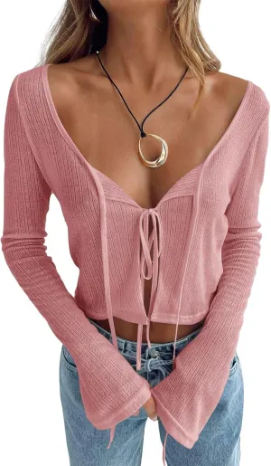 Tankaneo Women's Tie Front Crop Tops Bell Sleeve Scoop Neck Long Sleeve Blouses Crochet Sheer Knit Shrug Shirts