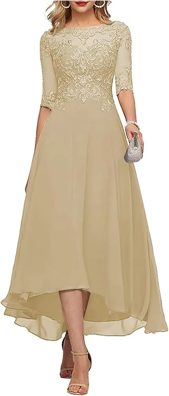 Tea Length Mother of The Bride Dresses for Wedding Lace Appliques High Low Formal Gown with Sleeves