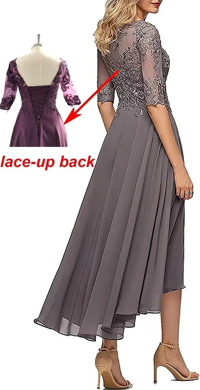 Tea Length Mother of The Bride Dresses for Wedding Lace Appliques High Low Formal Gown with Sleeves