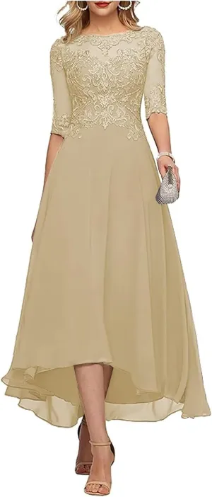 Tea Length Mother of The Bride Dresses for Wedding Lace Appliques High Low Formal Gown with Sleeves