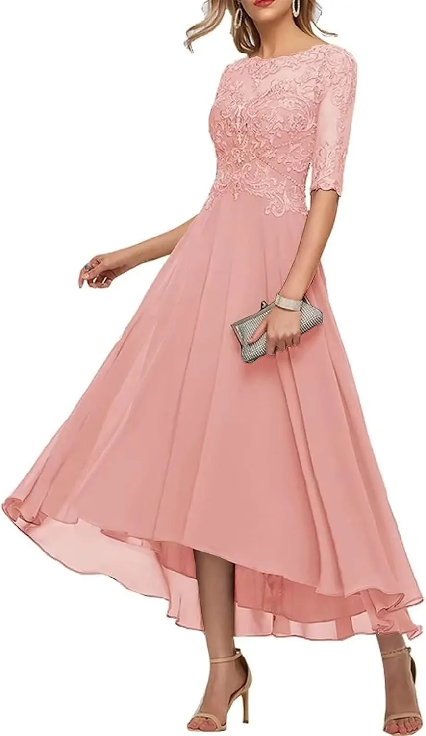 Tea Length Mother of The Bride Dresses for Wedding Lace Appliques High Low Formal Gown with Sleeves