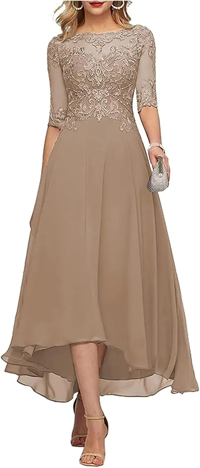 Tea Length Mother of The Bride Dresses for Wedding Lace Appliques High Low Formal Gown with Sleeves