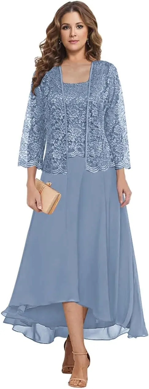 Tea Length Mother of The Bride Dresses for Wedding Square Neck A Line Lace Chiffon Formal Gown with Jacket