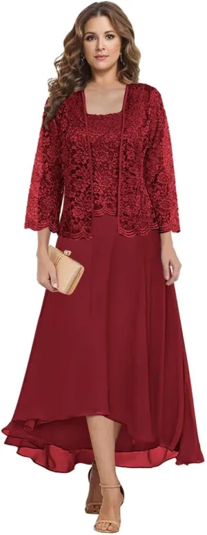 Tea Length Mother of The Bride Dresses for Wedding Square Neck A Line Lace Chiffon Formal Gown with Jacket