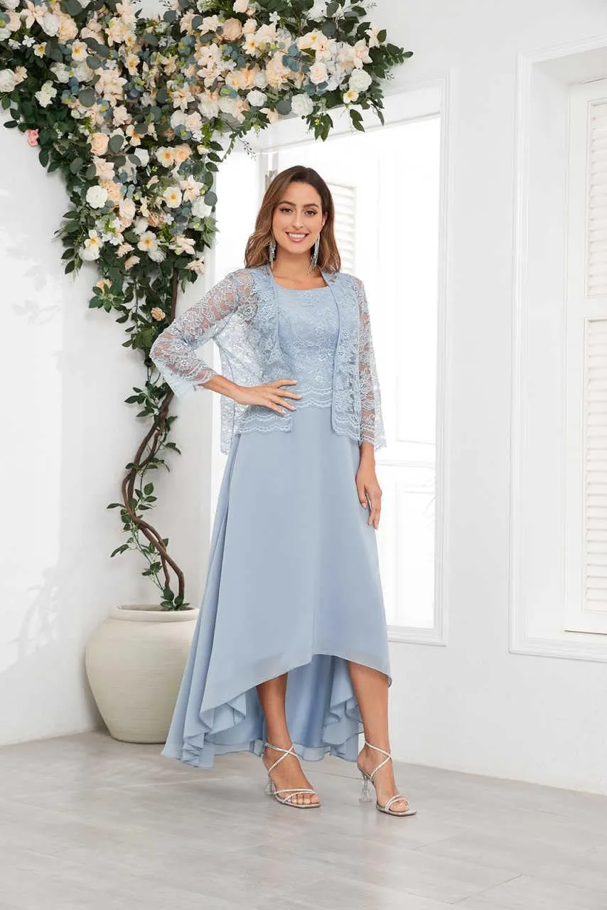 Tea Length Mother of The Bride Dresses for Wedding Square Neck A Line Lace Chiffon Formal Gown with Jacket