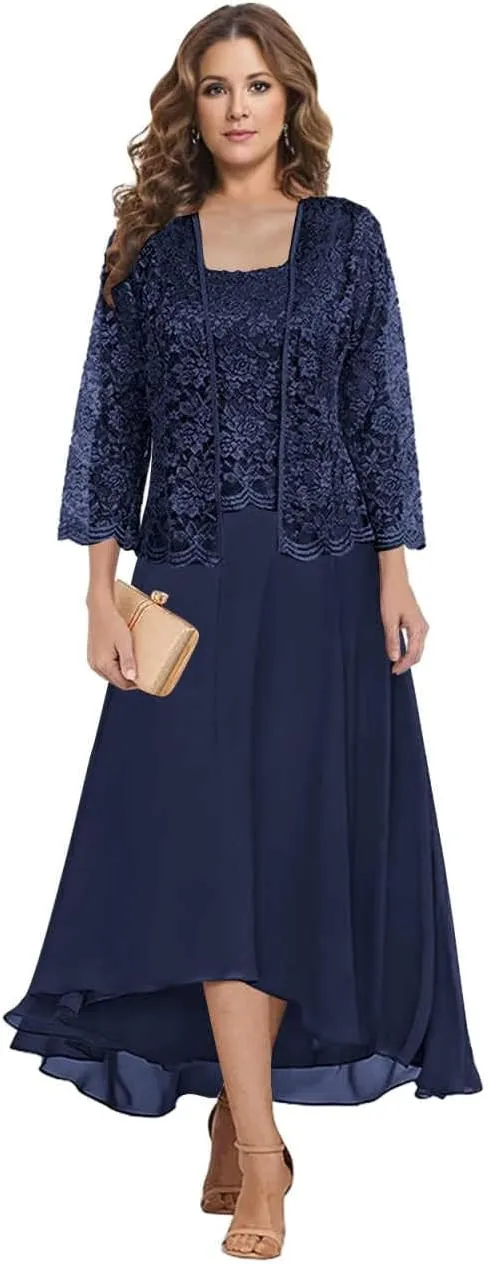 Tea Length Mother of The Bride Dresses for Wedding Square Neck A Line Lace Chiffon Formal Gown with Jacket