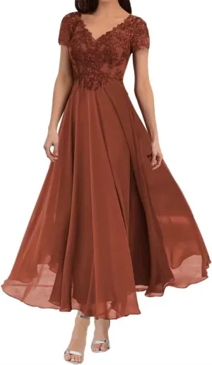 Tea Length Mother of The Bride Dresses V Neck Lace Appliques Chiffon Short Sleeve Formal Evening Dresses for Women