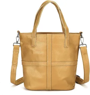 the Top Layer of Cowhide Leather Tote Is Worn Crossbody on the Shoulder with a Large Casual Bucket Bag