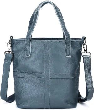 the Top Layer of Cowhide Leather Tote Is Worn Crossbody on the Shoulder with a Large Casual Bucket Bag