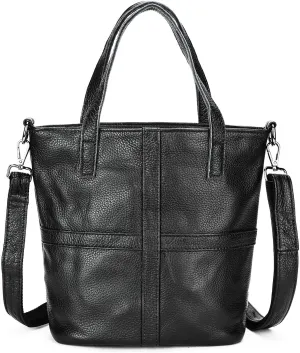 the Top Layer of Cowhide Leather Tote Is Worn Crossbody on the Shoulder with a Large Casual Bucket Bag