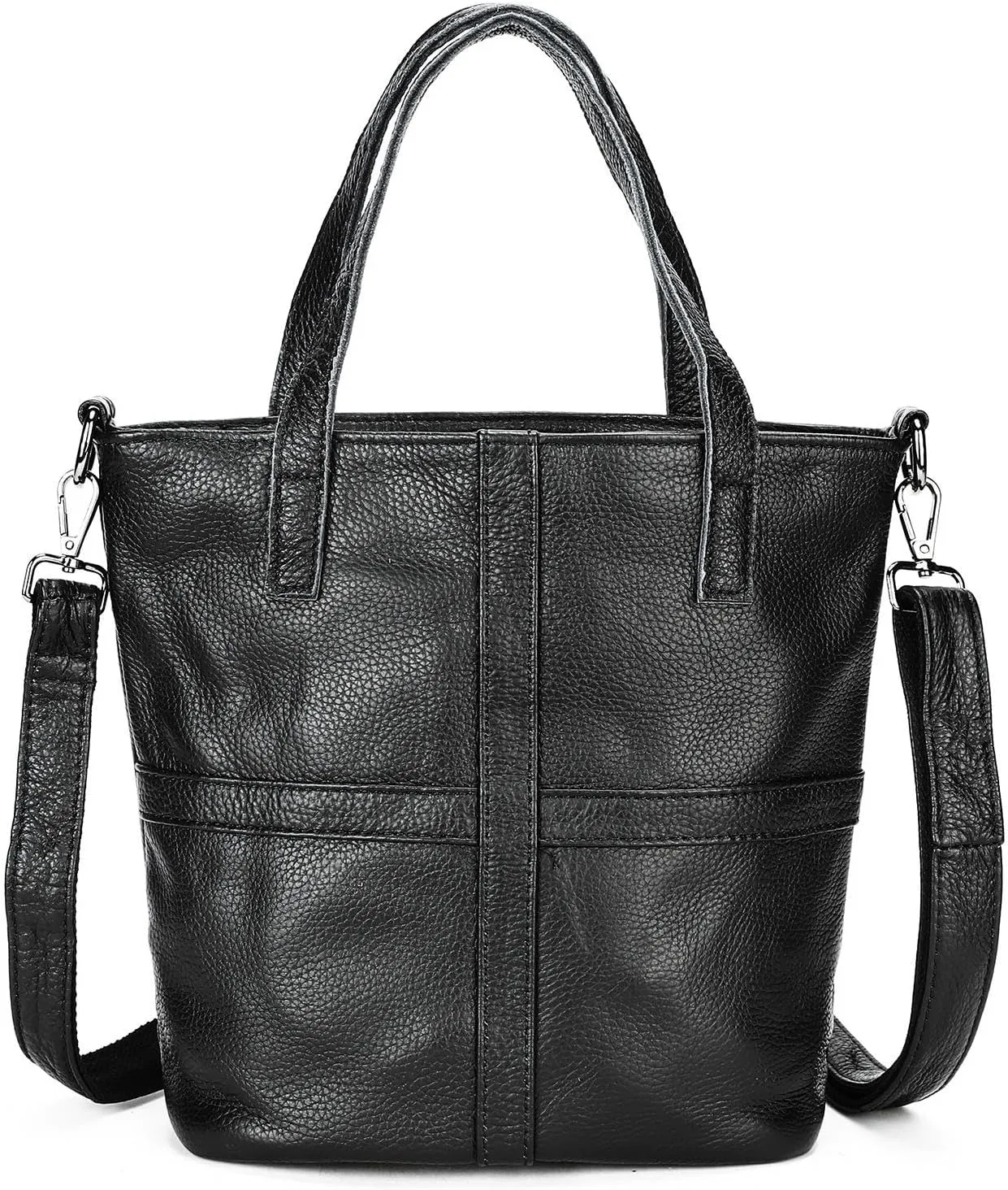 the Top Layer of Cowhide Leather Tote Is Worn Crossbody on the Shoulder with a Large Casual Bucket Bag
