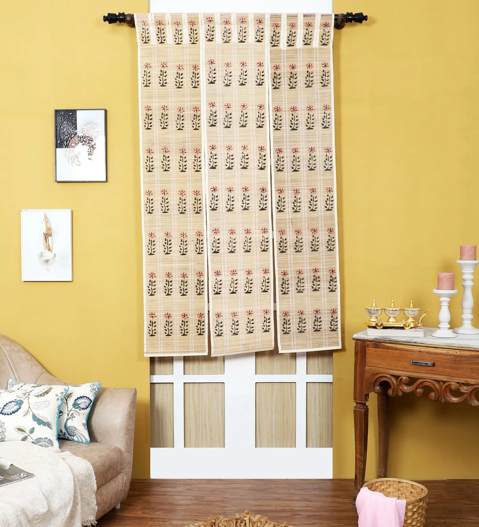 Three Panel Bamboo Curtain - Beige (7 Feet)