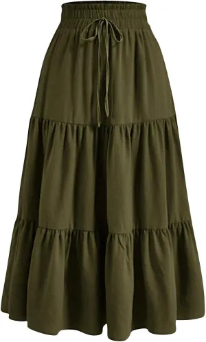 Tiered Maxi Skirts for Women Comfy Long Skorts Elastic High Waisted Ruffle Hem Flowy Swing Summer Cover Ups