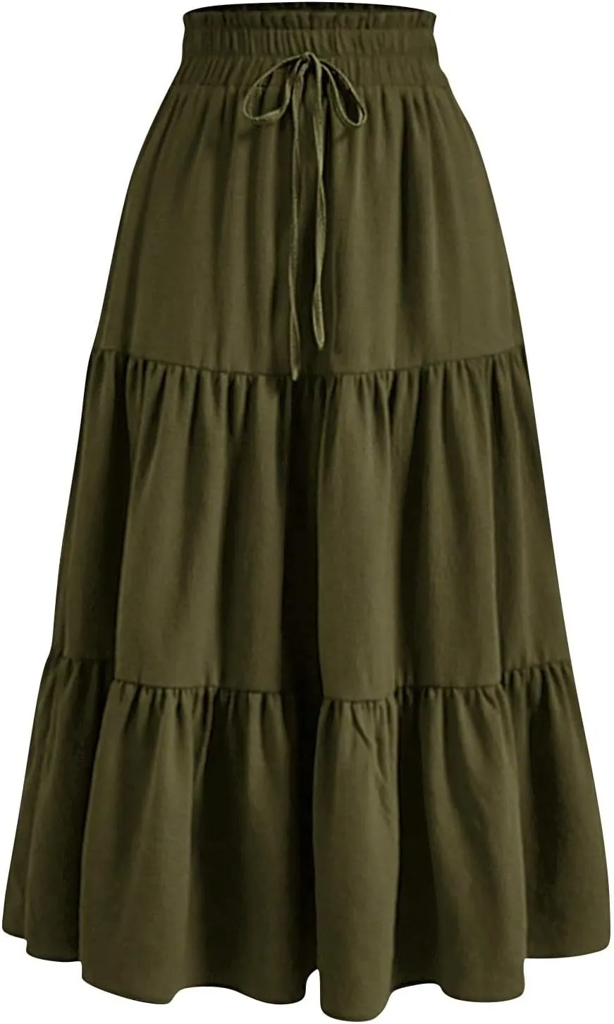 Tiered Maxi Skirts for Women Comfy Long Skorts Elastic High Waisted Ruffle Hem Flowy Swing Summer Cover Ups