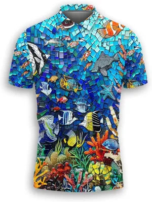 Tropical Ocean Polo Shirts for Men - Short Sleeve Golf Shirts Ocean Lover Mens Polo T-Shirt Casual Style 06