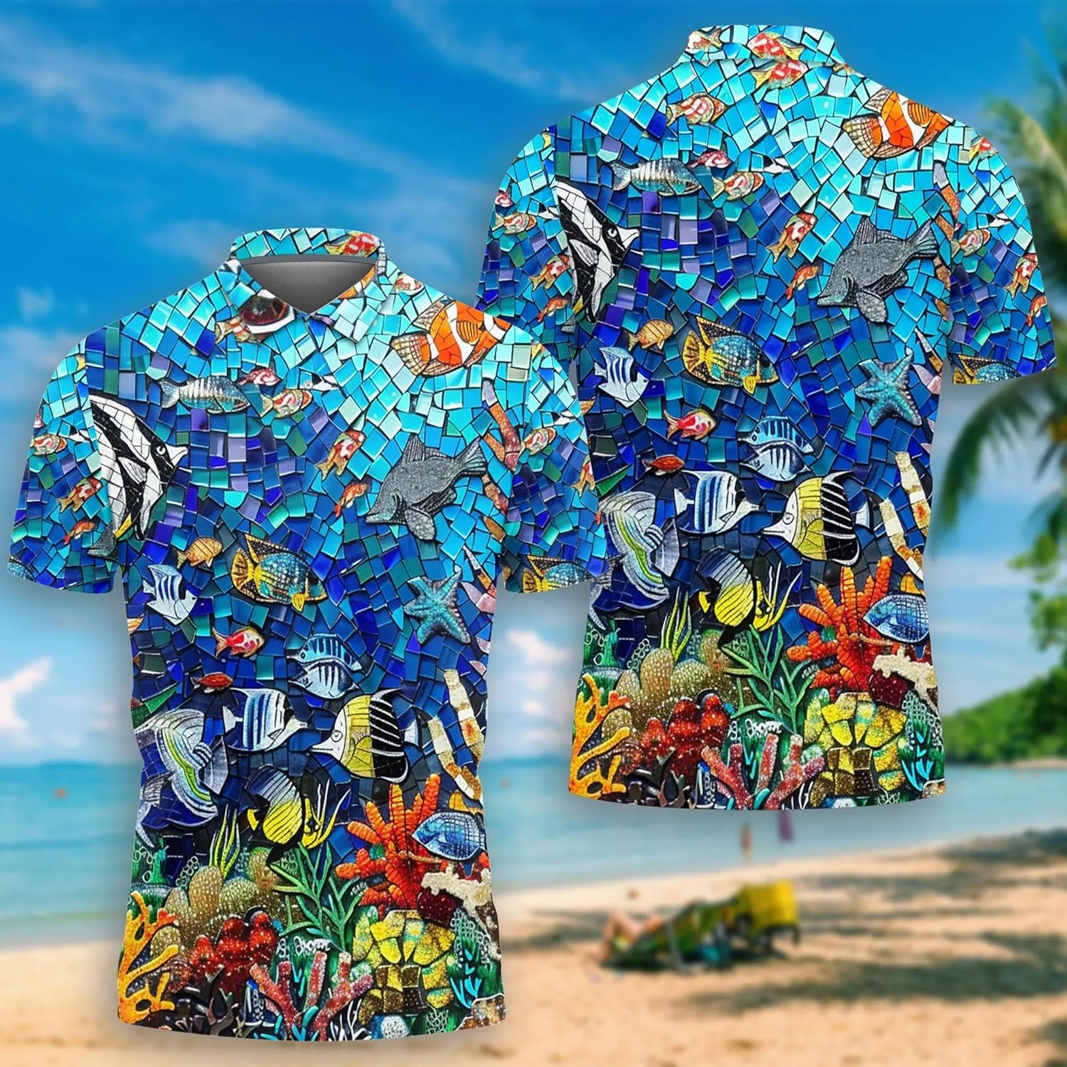 Tropical Ocean Polo Shirts for Men - Short Sleeve Golf Shirts Ocean Lover Mens Polo T-Shirt Casual Style 06