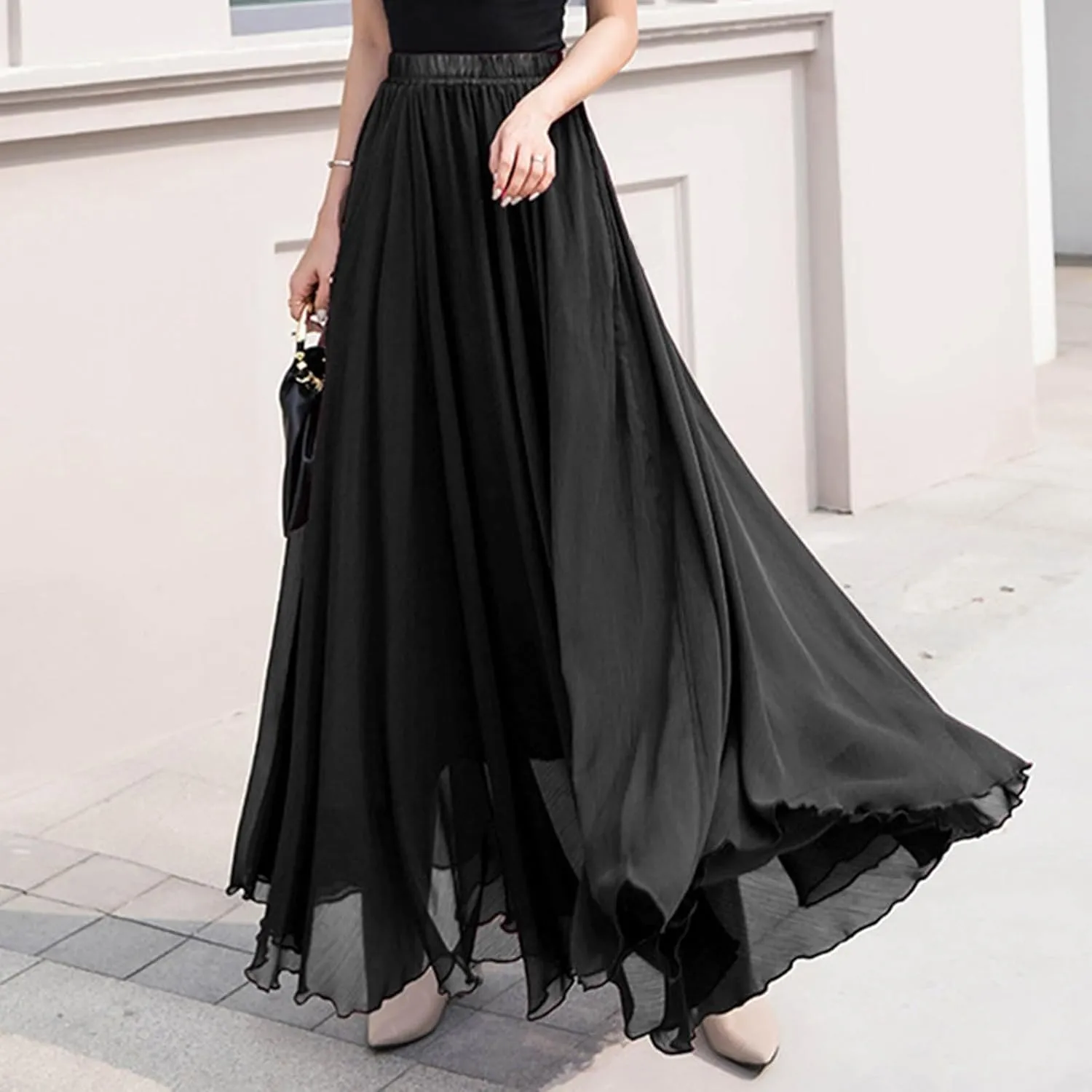 TUNUSKAT Womens Summer Flowy Maxi Skirts Casual Chiffon Bohemian Beach Long Skirt Elastic High Waisted Boho Vacation Dress