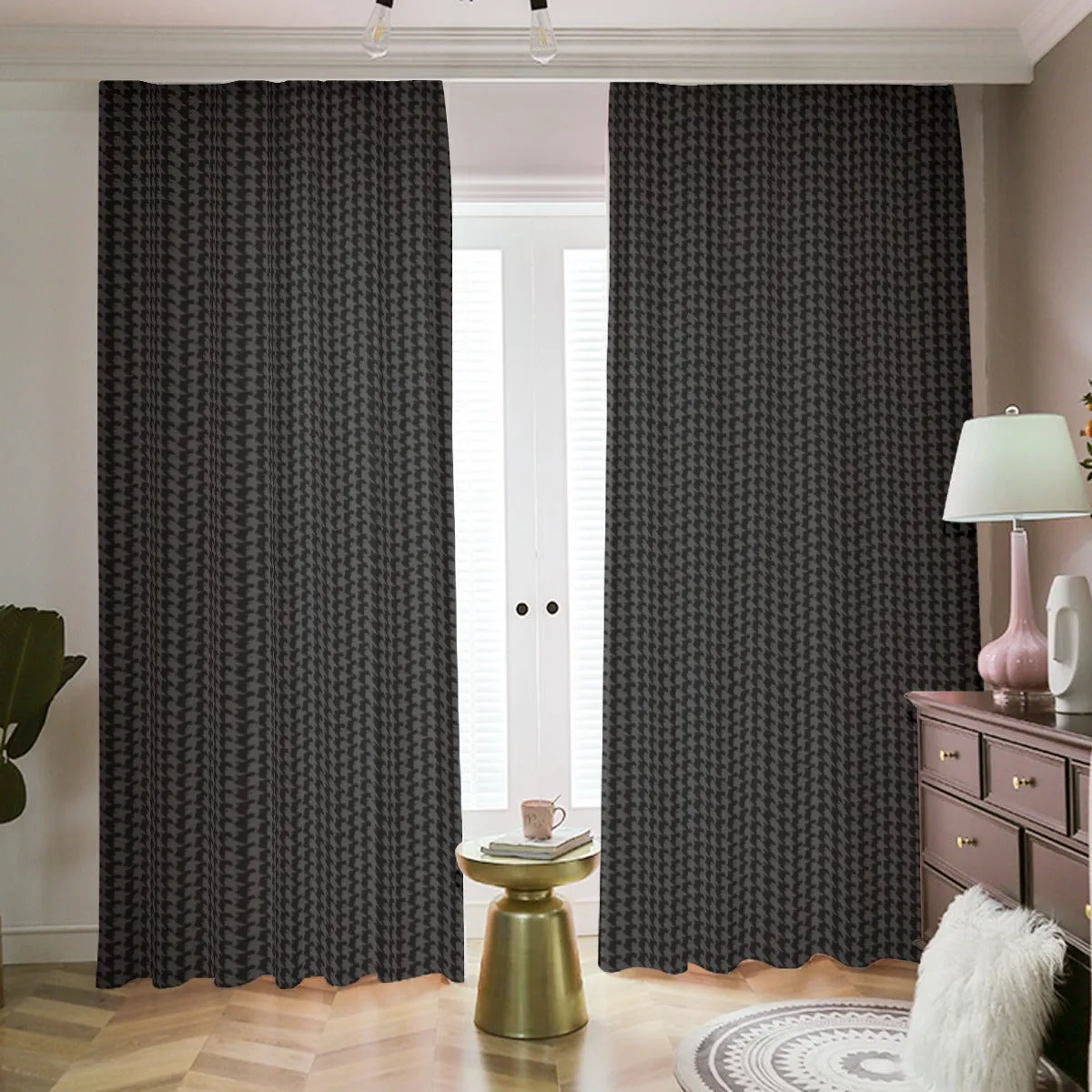 Vampire Art Black and Charcoal Houndstooth Blackout Curtains with Hooks - 2 pieces | 265(gsm)