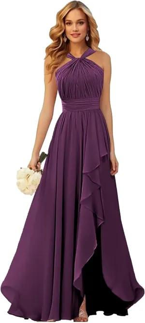 VCCICANY Halter Bridesmaid Dresses for Women Chiffon Ruffle Ruched Long Formal Dress with Slit