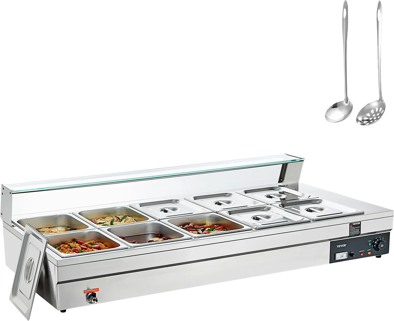 Vevor Food Warmer 10-Pan with Glass Shield 1800W Electric Steam Table 86°F-185°F Temperature New
