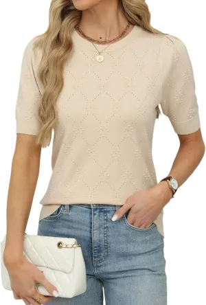VIMPUNEC Womens Puff Short Sleeve Sweater Summer Crochet Pullover Tops Trendy Casual Knit Shirts Blouses