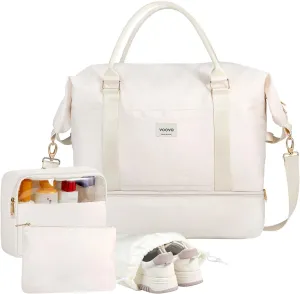 Voova Weekender Bags for Women, Large Travel Duffle Bag for Personal Item Travel with Shoes Compartment, Carry On Overnight Bag with Toiletry Bags 4 Pack Set for Men, Gym, Hospital, Yoga (Beige)