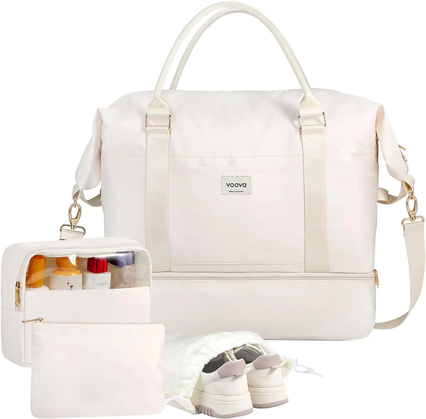 Voova Weekender Bags for Women, Large Travel Duffle Bag for Personal Item Travel with Shoes Compartment, Carry On Overnight Bag with Toiletry Bags 4 Pack Set for Men, Gym, Hospital, Yoga (Beige)