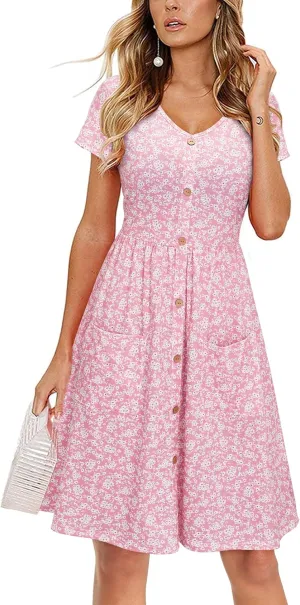 VOTEPRETTY Women's Short Sleeve V Neck Sundress Summer Casual Button Floral Dress with Pockets