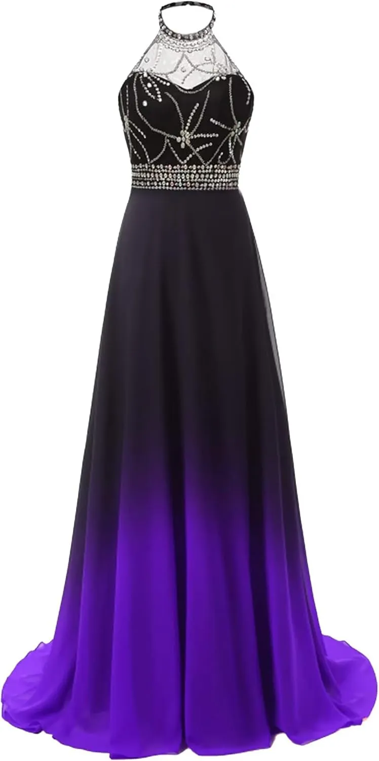WDBFY Women's Ombre Long Prom Evening Dresses Sequins Beaded Formal Wedding Party Gowns