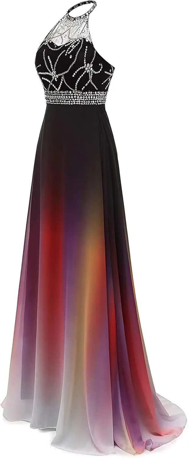 WDBFY Women's Ombre Long Prom Evening Dresses Sequins Beaded Formal Wedding Party Gowns