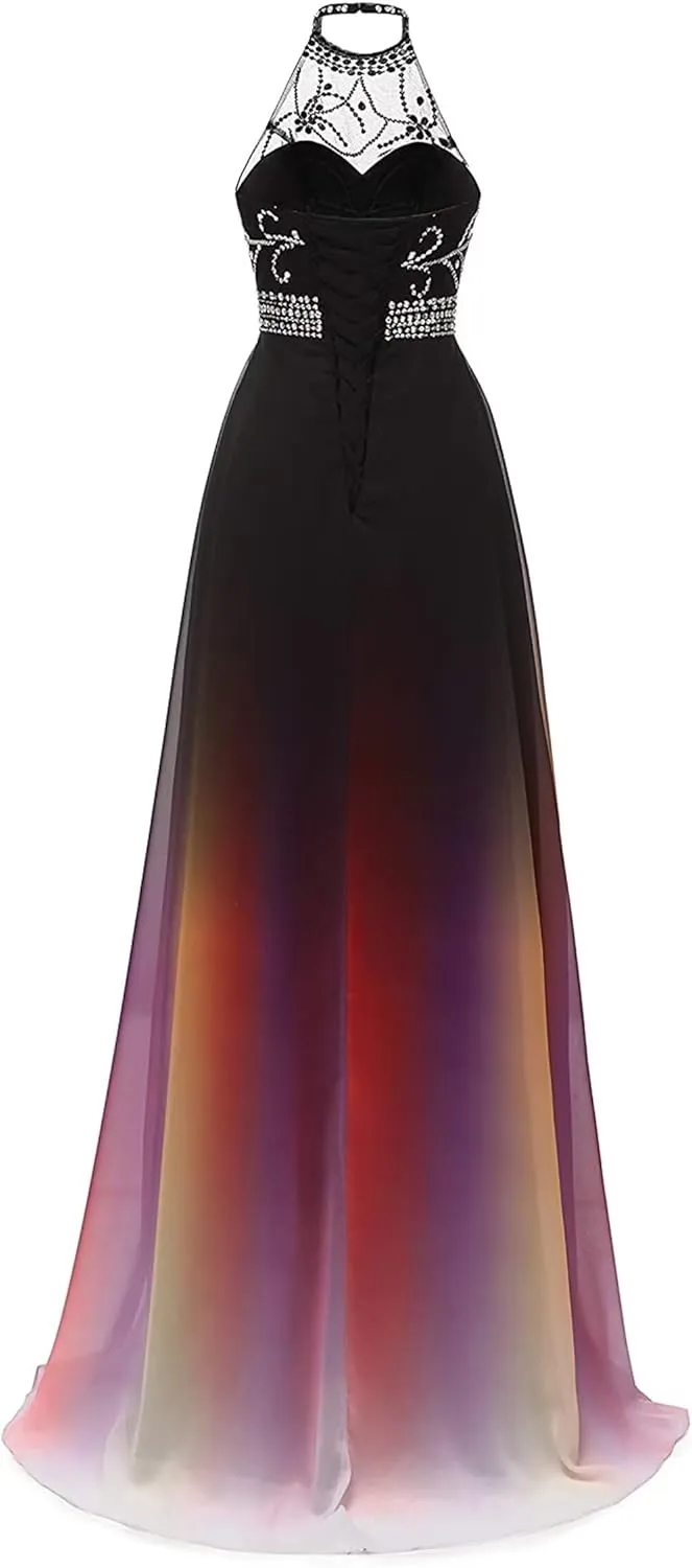 WDBFY Women's Ombre Long Prom Evening Dresses Sequins Beaded Formal Wedding Party Gowns