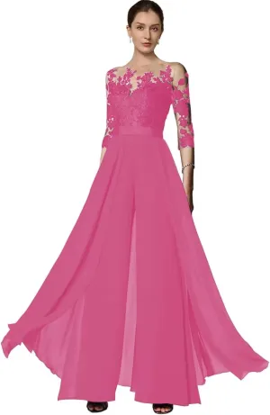 Wedding Guest Jumpsuits Lace Appliques Pantsuits Chiffon Mother of The Bride Outfit Sets Evening Party Gowns