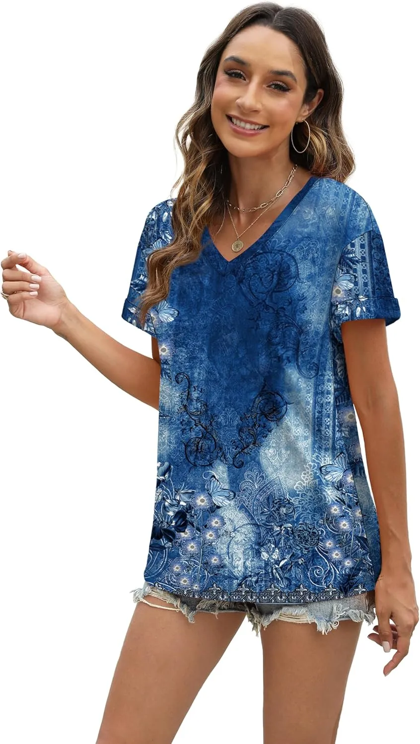 WEESO Womens T Shirts Short Sleeve Summer Tops Cute V Neck Casual Blouses