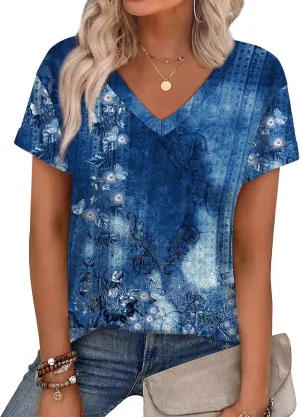 WEESO Womens T Shirts Short Sleeve Summer Tops Cute V Neck Casual Blouses