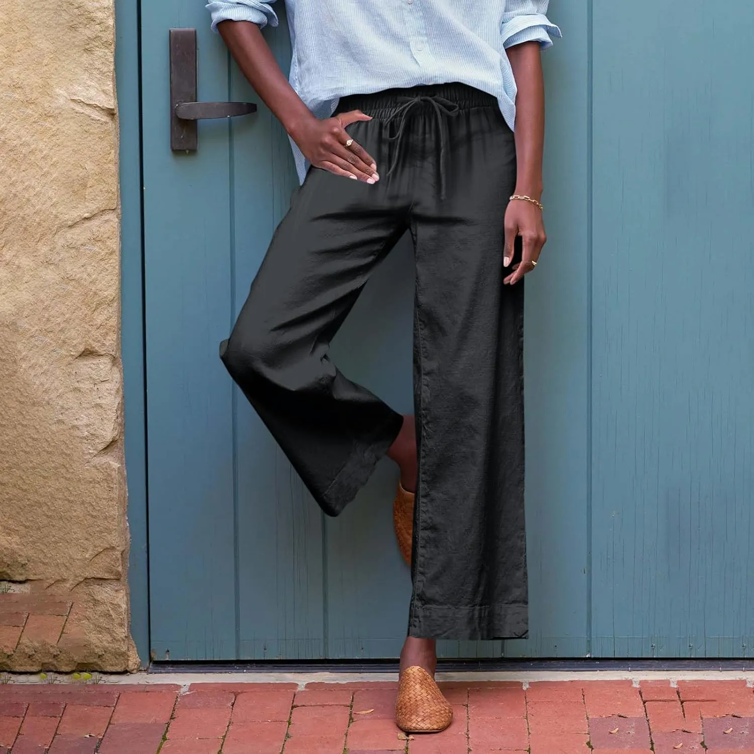 Wide Leg Linen Pants for Women Elastic High Waisted Straight Leg Trousers Casual Summer Cropped Pants with Pockets