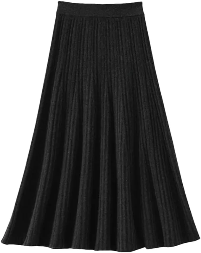 Winter Women's Pleated Skirt Solid Color High Waisted Elastic Long Skirt Wool Knitted Midi Skirts