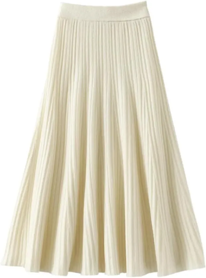 Winter Women's Pleated Skirt Solid Color High Waisted Elastic Long Skirt Wool Knitted Midi Skirts