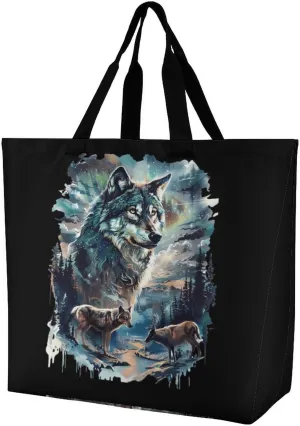 Wolf and Deer Women's Shoulder Shopping Bags Foldable Tote Bag Large Capacity Handbag for Work Travel