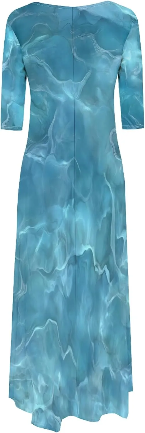 Women 2024 Trendy Off Shoulder Dress 3/4 Sleeve Swing Ruffle Irregular Hem A Line Flowy Pleated Long Maxi Dress with Pockets