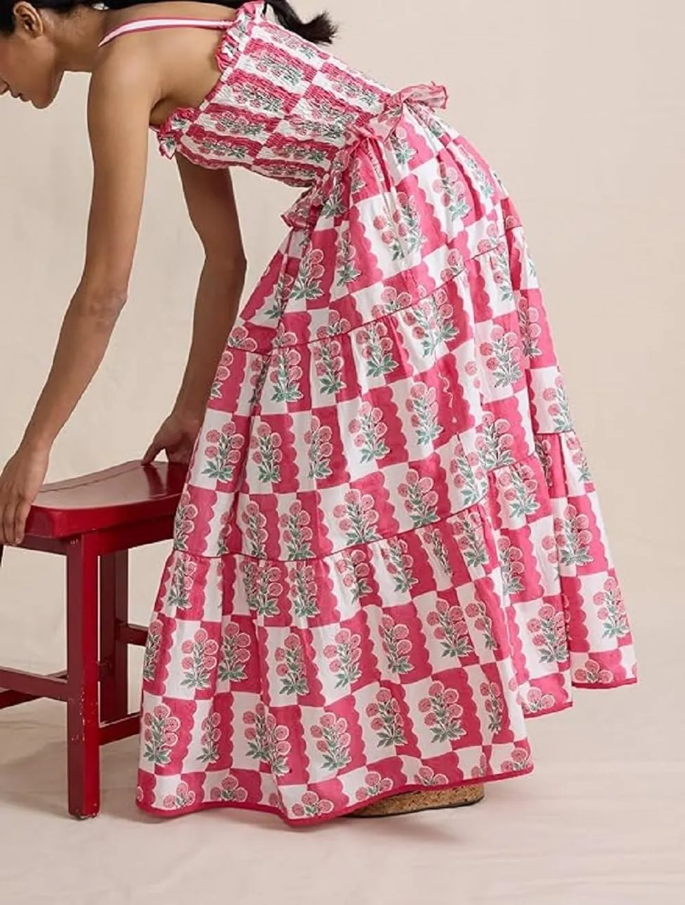 Women Boho Tie Shoulder Maxi Dress Y2k Floral Smocked Ruffle Long Dress Summer Tiered Swing Flowy Sundress