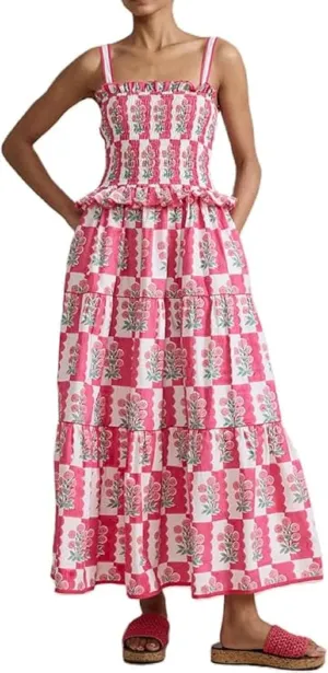 Women Boho Tie Shoulder Maxi Dress Y2k Floral Smocked Ruffle Long Dress Summer Tiered Swing Flowy Sundress