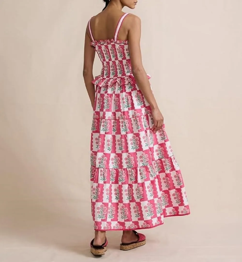 Women Boho Tie Shoulder Maxi Dress Y2k Floral Smocked Ruffle Long Dress Summer Tiered Swing Flowy Sundress