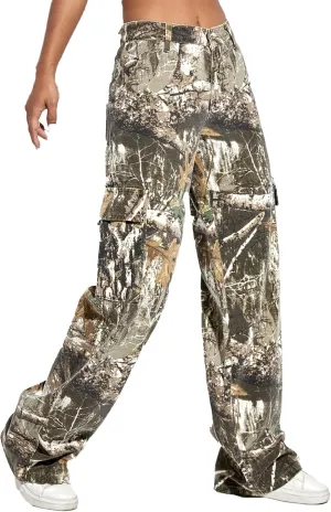 Women Camo Cargo Pants High Waist Baggy Wide Leg Camouflage Jean Trousers Army Fatigue Y2k Pocket Jogger Sweatpants