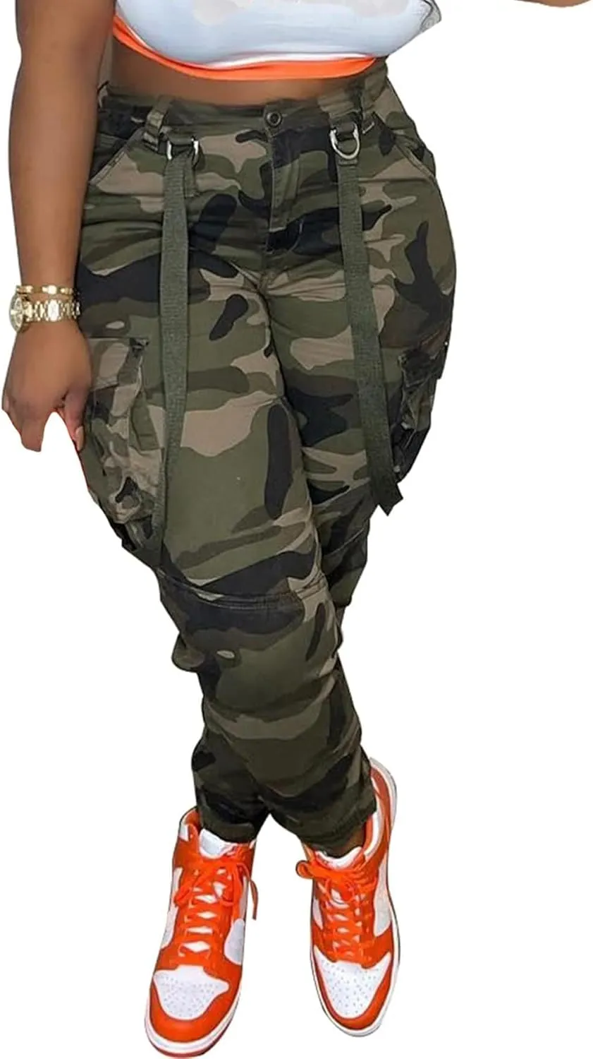 Women Camo Cargo Pants High Waist Baggy Wide Leg Camouflage Jean Trousers Army Fatigue Y2k Pocket Jogger Sweatpants