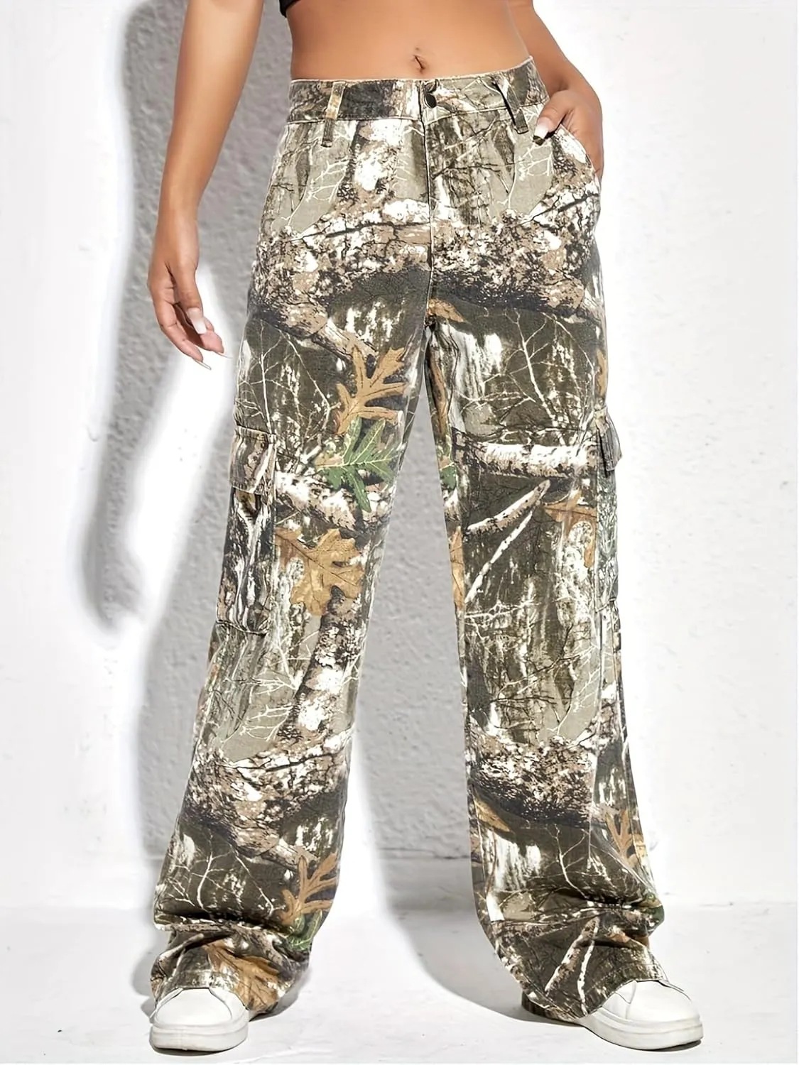 Women Camo Cargo Pants High Waist Baggy Wide Leg Camouflage Jean Trousers Army Fatigue Y2k Pocket Jogger Sweatpants