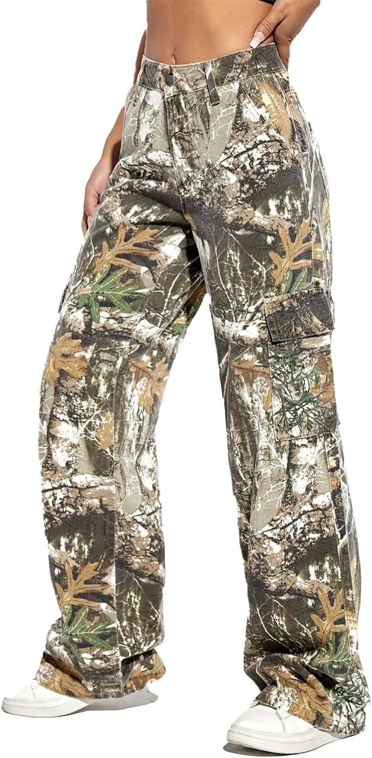 Women Camo Cargo Pants High Waist Baggy Wide Leg Camouflage Jean Trousers Army Fatigue Y2k Pocket Jogger Sweatpants