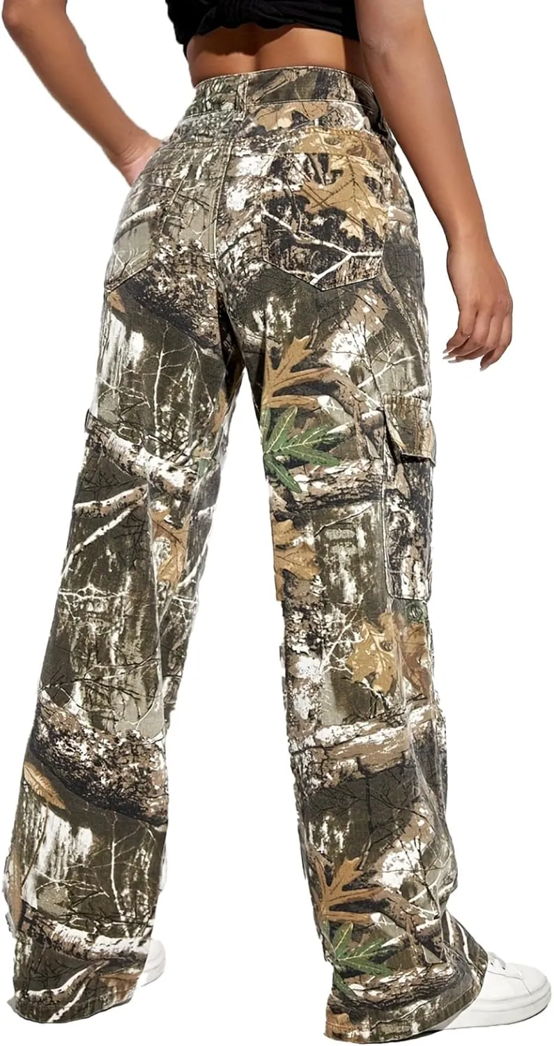 Women Camo Cargo Pants High Waist Baggy Wide Leg Camouflage Jean Trousers Army Fatigue Y2k Pocket Jogger Sweatpants