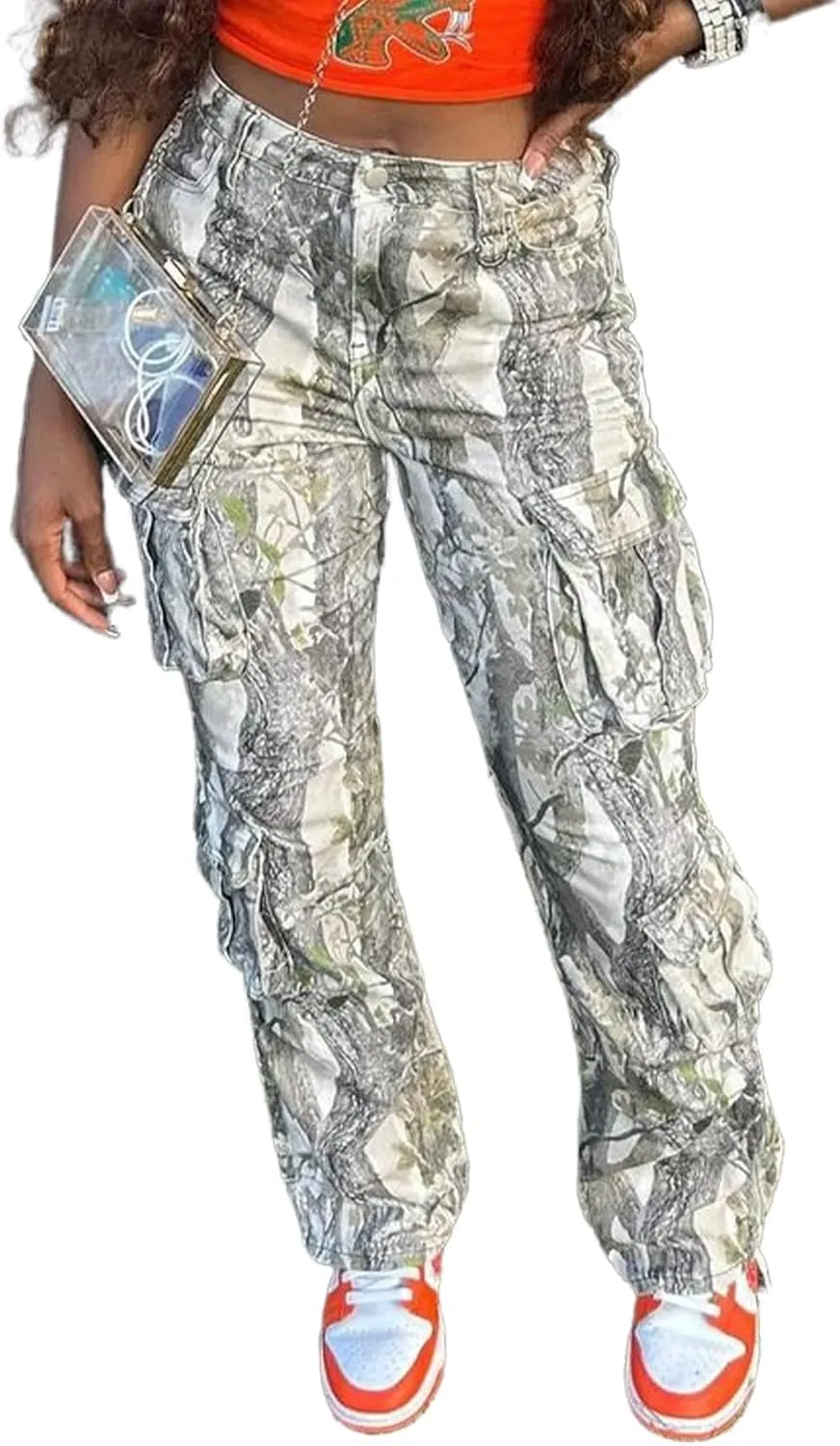 Women Camo Cargo Pants High Waist Baggy Wide Leg Camouflage Jean Trousers Army Fatigue Y2k Pocket Jogger Sweatpants