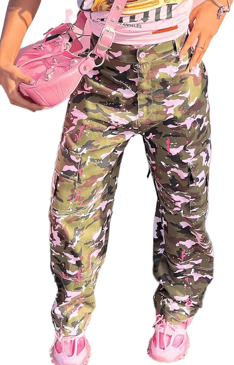 Women Camo Cargo Pants High Waist Baggy Wide Leg Camouflage Jean Trousers Army Fatigue Y2k Pocket Jogger Sweatpants