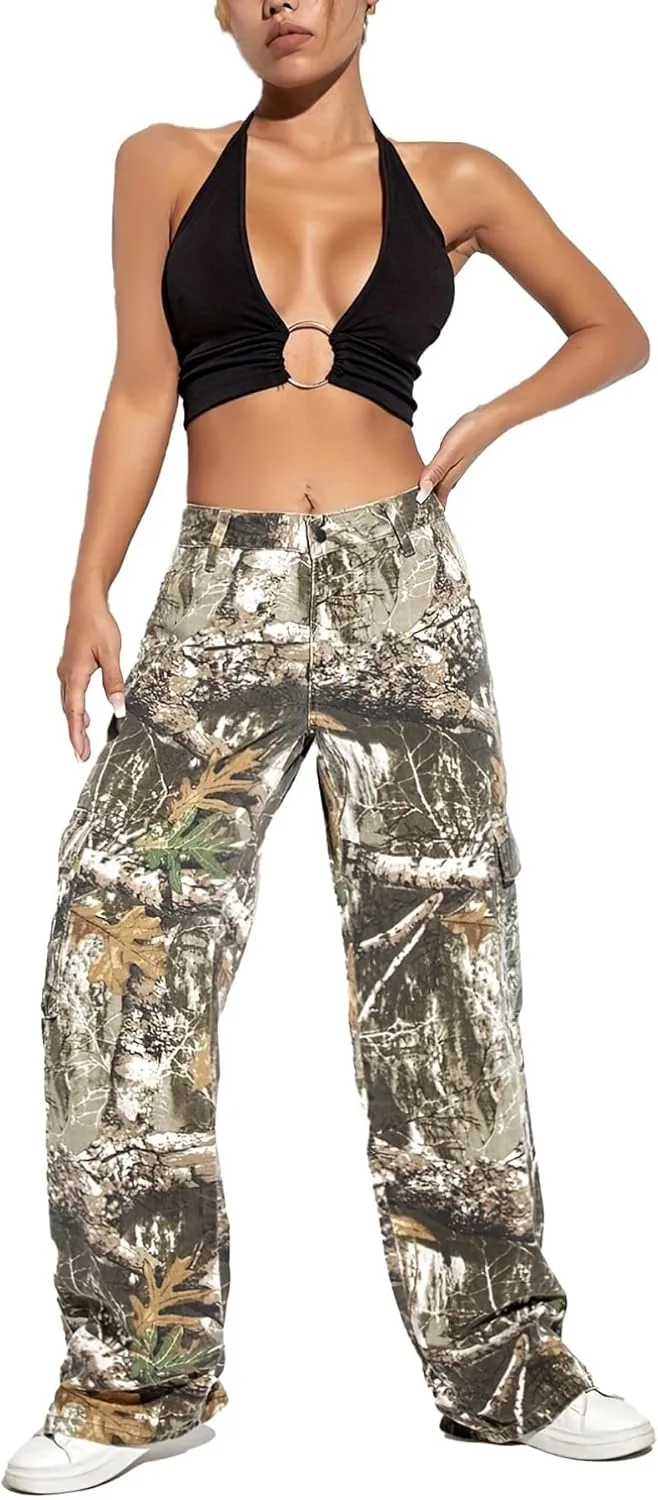Women Camo Cargo Pants High Waist Baggy Wide Leg Camouflage Jean Trousers Army Fatigue Y2k Pocket Jogger Sweatpants